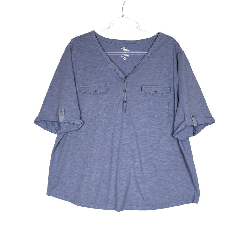 💥🏷️Plus Size 2X Croft & Barrow Henley Shirt Blue Button Front Short Sleeve - Picture 2 of 7